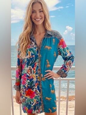Umgee Bohemian Multicolor Floral & Teal Leopard-Print Tunic